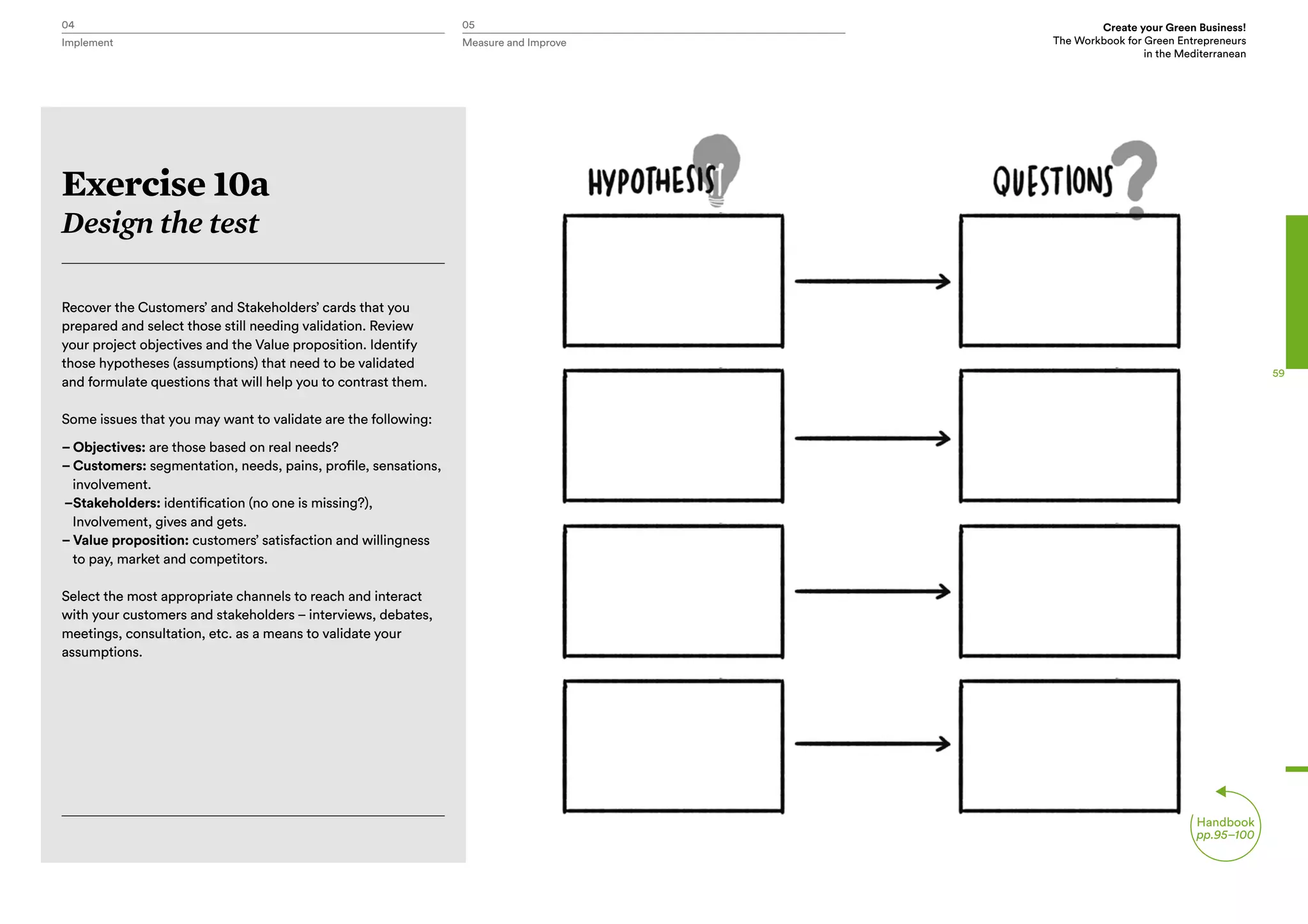 04 05 Create your Green Business!
The Workbook for Green Entrepreneurs
in the Mediterranean
Implement Measure and Improve
59
Exercise 10a
Design the test
Recover the Customers’ and Stakeholders’ cards that you
prepared and select those still needing validation. Review
your project objectives and the Value proposition. Identify
those hypotheses (assumptions) that need to be validated
and formulate questions that will help you to contrast them.
Some issues that you may want to validate are the following:
– Objectives: are those based on real needs?
– Customers: segmentation, needs, pains, profile, sensations,
involvement.
–Stakeholders: identification (no one is missing?),
Involvement, gives and gets.
– Value proposition: customers’ satisfaction and willingness
to pay, market and competitors.
Select the most appropriate channels to reach and interact
with your customers and stakeholders – interviews, debates,
meetings, consultation, etc. as a means to validate your
assumptions.
Handbook
pp.95–100
 