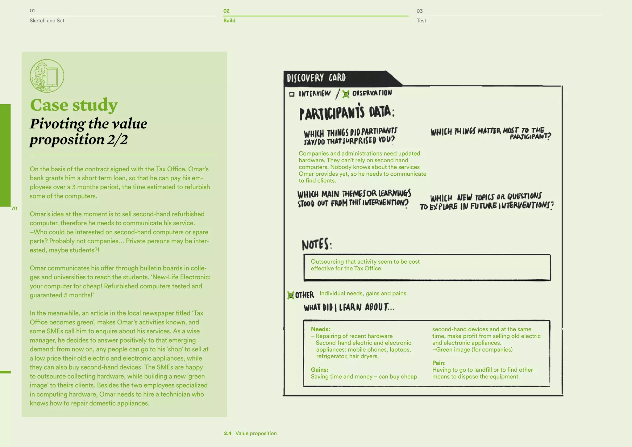 01 02 03
Sketch and Set Build Test
70
Les autorités locales pour la gestion
des décharges
Case study
Pivoting the value
proposition 2/2
On the basis of the contract signed with the Tax Office, Omar’s
bank grants him a short term loan, so that he can pay his em-
ployees over a 3 months period, the time estimated to refurbish
some of the computers.
Omar’s idea at the moment is to sell second-hand refurbished
computer, therefore he needs to communicate his service.
–Who could be interested on second-hand computers or spare
parts? Probably not companies… Private persons may be inter-
ested, maybe students?!
Omar communicates his offer through bulletin boards in colle-
ges and universities to reach the students. ‘New-Life Electronic:
your computer for cheap! Refurbished computers tested and
guaranteed 5 months!’
In the meanwhile, an article in the local newspaper titled ‘Tax
Office becomes green’, makes Omar’s activities known, and
some SMEs call him to enquire about his services. As a wise
manager, he decides to answer positively to that emerging
demand: from now on, any people can go to his ‘shop’ to sell at
a low price their old electric and electronic appliances, while
they can also buy second-hand devices. The SMEs are happy
to outsource collecting hardware, while building a new ‘green
image’ to theirs clients. Besides the two employees specialized
in computing hardware, Omar needs to hire a technician who
knows how to repair domestic appliances.
Companies and administrations need updated
hardware. They can’t rely on second hand
computers. Nobody knows about the services
Omar provides yet, so he needs to communicate
to find clients.
Outsourcing that activity seem to be cost
effective for the Tax Office.
Needs:
– Repairing of recent hardware
– Second-hand electric and electronic
appliances: mobile phones, laptops,
refrigerator, hair dryers.
Gains:
Saving time and money – can buy cheap
second-hand devices and at the same
time, make profit from selling old electric
and electronic appliances.
–Green image (for companies)
Pain:
Having to go to landfill or to find other
means to dispose the equipment.
Individual needs, gains and pains
2.4   Value proposition
 