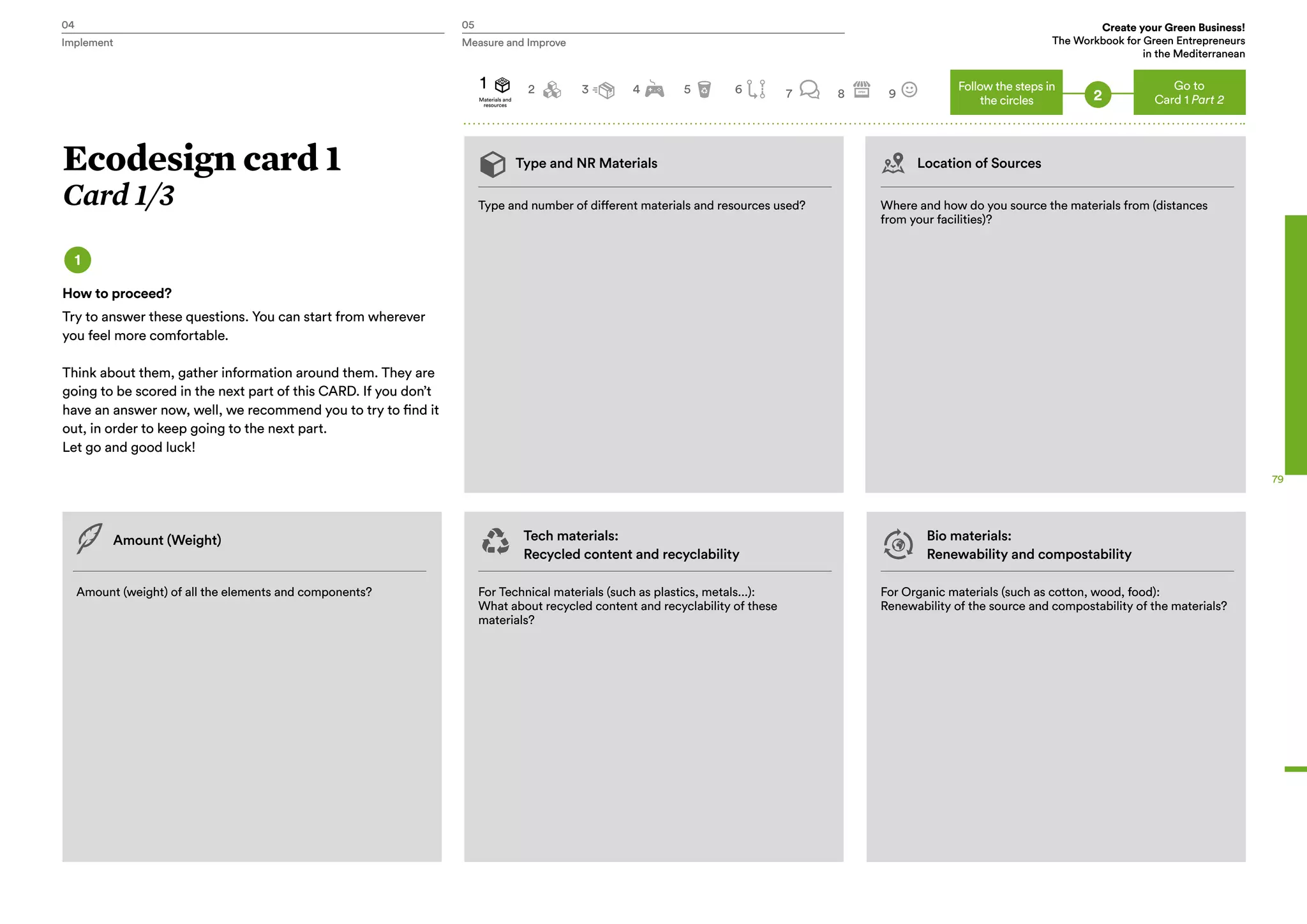 04 05 Create your Green Business!
The Workbook for Green Entrepreneurs
in the Mediterranean
Implement Measure and Improve
79
1
Type and NR Materials Location of Sources
Type and number of different materials and resources used?
Amount (weight) of all the elements and components?
Amount (Weight) Tech materials:
Recycled content and recyclability
Bio materials:
Renewability and compostability
For Technical materials (such as plastics, metals...):
What about recycled content and recyclability of these
materials?
For Organic materials (such as cotton, wood, food):
Renewability of the source and compostability of the materials?
Where and how do you source the materials from (distances
from your facilities)?
How to proceed?
Try to answer these questions. You can start from wherever
you feel more comfortable.
Think about them, gather information around them. They are
going to be scored in the next part of this CARD. If you don’t
have an answer now, well, we recommend you to try to find it
out, in order to keep going to the next part.
Let go and good luck!
Go to
Card 1 Part 22
1
Materials and
resources
2 3 4 5 6 7 8 9
Follow the steps in
the circles
Ecodesign card 1
Card 1/3
04 05 Create your Green Business!
The Workbook for Green Entrepreneurs
in the Mediterranean
Implement Measure and Improve
 