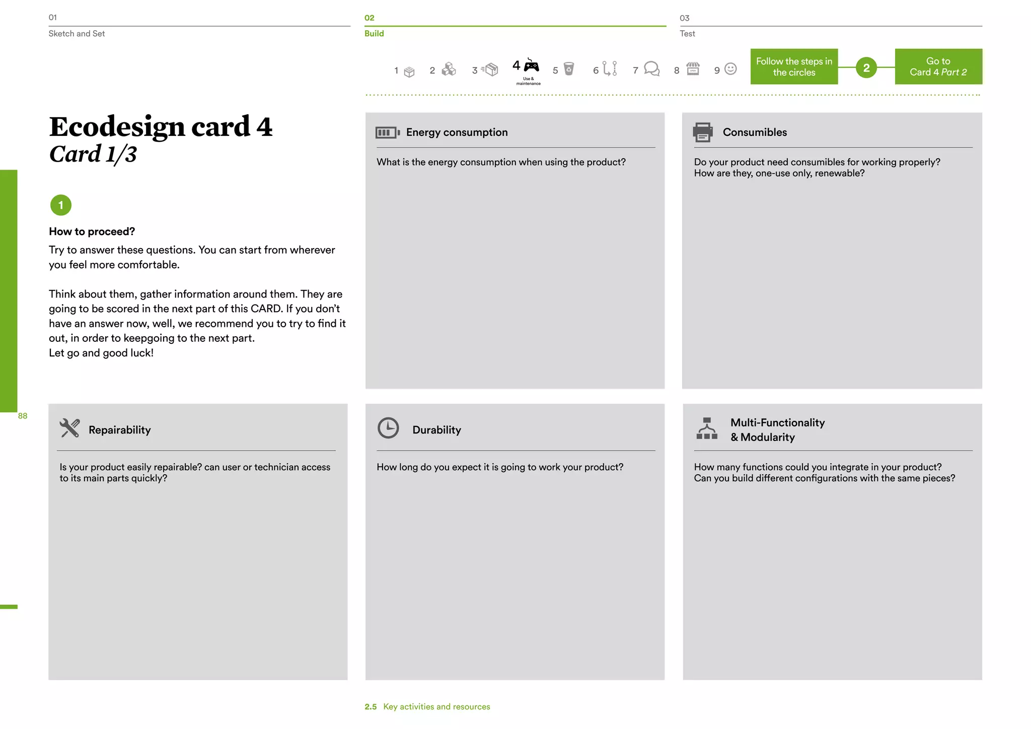 01 02 03
Sketch and Set Build Test
88
Energy consumption Consumibles
What is the energy consumption when using the product?
Is your product easily repairable? can user or technician access
to its main parts quickly?
Repairability Durability
Multi-Functionality
& Modularity
How long do you expect it is going to work your product? How many functions could you integrate in your product?
Can you build different configurations with the same pieces?
Do your product need consumibles for working properly?
How are they, one-use only, renewable?
Ecodesign card 4
Card 1/3
1
How to proceed?
Try to answer these questions. You can start from wherever
you feel more comfortable.
Think about them, gather information around them. They are
going to be scored in the next part of this CARD. If you don’t
have an answer now, well, we recommend you to try to find it
out, in order to keepgoing to the next part.
Let go and good luck!
2
Go to
Card 4 Part 2
Follow the steps in
the circles2 3 5 6 7 8 94
Use &
maintenance
1
2.5   Key activities and resources
 