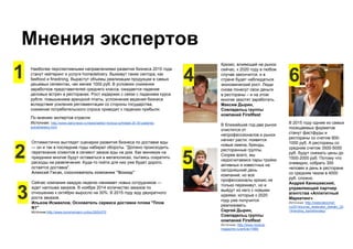 Мнения экспертов
Кризис, влияющий на рынок
сейчас, к 2020 году в любом
случае закончится, и в
стране будет наблюдаться
экономический рост. Люди
снова понесут свои деньги
в рестораны – и на этом
многие захотят заработать.
Максим Дырин,
Совладельц группы
компаний FirstRest
В ближайшие год-два рынок
очистится от
непрофессионалов и рынок
начнет расти: появятся
новые имена, бренды,
ресторанные группы.
Скорее всего, мы
недосчитаемся пары-тройки
активных и известных на
сегодняшний день
компаний, но все
профессионалы кризис не
только переживут, но и
выйдут из него с новыми
идеями, которые к 2020
году уже получится
реализовать.
Сергей Дырин,
Совладельц группы
компаний FirstRest
Источник: http://www.horeca-
magazine.ru/article/1996/
В 2015 году одним из самых
посещаемых форматов
станут фастфуды и
рестораны со счетом 800-
1000 руб. А рестораны со
средним счетом 3500-5000
руб. будут снижать цены до
1500-2000 руб. Потому что
очевидно, собрать 300
человек в день в ресторане
со средним чеком в 4000
руб. сложно.
Андрей Канишевский,
управляющий партнер
агентства «Аппетитный
Маркетинг»
Источник: http://restoratorchef.
ru/2014/jurnal_restorator_dekabr_20
14/andrey_kanishevskiy/
1
2
4
5
Оптимистично выглядят сценарии развития бизнеса по доставке еды
— он и так в последние годы набирал обороты. "Должно происходить
перетекание клиентов в сегмент заказа еды на дом. Как минимум на
праздники многие будут оставаться в мегаполисах, пытаясь сократить
расходы на развлечения. Куда-то пойти для них уже будет дорого,
остается доставка".
Алексей Гисак, сооснователь компании "Воккер"
Сейчас компания каждую неделю нанимает новых сотрудников —
ждет наплыва заказов. В ноябре 2014 количество заказов по
отношению к октябрю выросло на 30%. В 2015 году жду двукратного
роста заказов.
Ильхом Исмаилов, Основатель сервиса доставки плова "Плов
N1"
Источник:http://www.kommersant.ru/doc/2624370
3
Наиболее перспективными направлениями развития бизнеса 2015 года
станут кейтеринг и услуги homedelivery. Выживут такие сектора, как
fastfood и finedining. Вырастут объемы реализации продукции в самых
дешевых сегментах, чек менее 1000 руб. В условиях снижения
заработков представителей среднего класса, ожидается падение
деловых встреч в ресторанах. Рост издержек с связи с падением курса
рубля, повышением арендной платы, усложнение ведения бизнеса
вследствие усиления регламентации со стороны государства,
снижение потребительского спроса приводят к падению прибыли.
По мнению экспертов отрасли
Источник: http://www.dairynews.ru/news/sektor-horeca-ozhidaet-20-30-padenie-
potrebitelsko.html
6
 