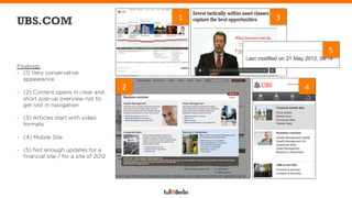UBS.COM                                         1	
     3	
  


                                                                        5	
  
Findings:
-  (1) Very conservative
   appearance

-  (2) Content opens in clear and
                                        2	
                     4	
  
   short pop-up overview not to
   get lost in navigation

-  (3) Articles start with video
   formats

-  (4) Mobile Site

-  (5) Not enough updates for a
   ﬁnancial site / for a site of 2012
 