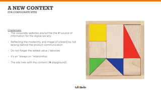 A NEW CONTEXT
FOR CORPOORATE SITES




Challenges:
-  The corporate websites are/will be the #1 source of
   information for the digital society

-  Reﬂecting the modernity and image of a brand by not
   lacking behind the product communication

-  Do not forget the added value / services

-  it’s an “always on “relationship

-  The site lives with the content (à playground)
 