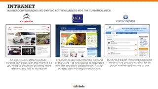 INTRANET
 HAVING CONVERSATIONS AND DRIVING ACTIVE SHARING IS NOT FOR CUSTOMERS ONLY!




               PICTURE	
                                 PICTURE	
                                  PICTURE	
  




    An also visually attractive page -     Ergonomics developed for the demand         Building a digital knowledge database
intranet competes with the internet. So   of the users – to ﬁnd access to requested     inside of the group’s intranet, for all
 you need to be better, by being more     info fast and allow collaboration. A step-     global marketing directors to use.
     relevant, and just as attractive!       by-step plan with regular evolutions.
 