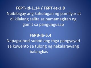 F6PT-Id-1.14 / F6PT-Ie-1.8
Naibibigay ang kahulugan ng pamilyar at
di kilalang salita sa pamamagitan ng
gamit sa pangungusap
F6PB-Ib-5.4
Napagsunod-sunod ang mga pangyayari
sa kuwento sa tulong ng nakalarawang
balangkas
 