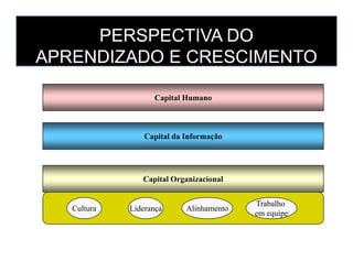 Capital Humano
Capital da Informação
PERSPECTIVA DO
APRENDIZADO E CRESCIMENTO
Capital da Informação
Capital Organizacional
Cultura Liderança Alinhamento
Trabalho
em equipe
 
