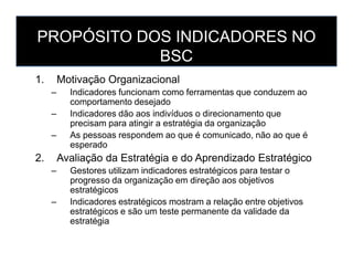 PROPÓSITO DOS INDICADORES NO
BSC
1. Motivação Organizacional
– Indicadores funcionam como ferramentas que conduzem ao
comportamento desejado
– Indicadores dão aos indivíduos o direcionamento que
precisam para atingir a estratégia da organização
– As pessoas respondem ao que é comunicado, não ao que é– As pessoas respondem ao que é comunicado, não ao que é
esperado
2. Avaliação da Estratégia e do Aprendizado Estratégico
– Gestores utilizam indicadores estratégicos para testar o
progresso da organização em direção aos objetivos
estratégicos
– Indicadores estratégicos mostram a relação entre objetivos
estratégicos e são um teste permanente da validade da
estratégia
 