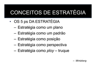 CONCEITOS DE ESTRATÉGIA
• OS 5 ps DA ESTRATÉGIA
– Estratégia como um plano
– Estratégia como um padrão
– Estratégia como posição– Estratégia como posição
– Estratégia como perspectiva
– Estratégia como ploy – truque
– Mintzberg
 