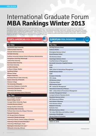 International Graduate Forum
MBA Rankings Winter 2013
NORTH AMERICANNORTH AMERICANNORTH AMERICANNORTH AMERICANNORTH AMERICANNORTH AMERICAN MBA RANKINGSMBA RANKINGSMBA RANKINGSMBA RANKINGSMBA RANKINGSMBA RANKINGS EUROPEANEUROPEANEUROPEANEUROPEANEUROPEANEUROPEAN MBA RANKINGSMBA RANKINGSMBA RANKINGS
Tier One
Appalachian State University
California State University
Colorado Technical University
Fairfield University
Fordham University Graduate School of Business Administration
Georgetown University, McDonough
Jacksonville University
kennesaw State University
Kent State University
La Salle University
Le Moyne College, Madden
Lynchburg College
Millsaps College
Niagara University
Northwest Missouri State University
Queens University of Charlotte
Simmons College
The University of Memphis
University of Alabama in Huntsville
University of Rochester, Simon
University of the Sciences
Wake Forest University School of Business
Tier Two
Berry College, Campbell *
Boston College, Carroll
Carnegie Mellon University, Tepper
Columbia Business School *
Georgia Southern University
Grand Valley State University
McNeese State University College of Business
Roosevelt University
UCI Merage School of Business
University of Alaska Anchorage
University of Denver, Daniels College of Business
University of Texas at Austin McCombs *
University of Washington, Foster
Washington University in St. Louis *
Willamette University, Atkinson
*Incomplete data
The International Graduate Forum’s (IGF) 2013 Winter MBA Rankings have been compiled based upon key performance indicators
considered to be of interest and value to potential students. Thus, international diversity, class sizes, student work experience, faculty-
to-student ratios, and faculty qualifications – both academic and professional – have been given considerable weight. With competition
between business schools continuing to increase, it is important for schools to understand what students really want. Schools ranked
highly by the IGF in CEO Magazine have been successful in this goal.
Tier One
Ashridge Business School
Audencia Nantes
Birmingham Business School
Brunel Business School
CEU Business School
Copenhagen Business School
Cranfield School of Management
Darmstadt University of Applied Sciences
EADA
EIPM
ENPC School of International Management
ESADE Business School
ESMT
European University
HHL Leipzig
ICN Business School
IE Business School
IESE Business School
IfM - Institut für Management
International University of Monaco
ISEG - Lisboa School of Economics & Management
Lancaster Management School
Lorange Institute of Business Zurich
Mannheim Business School
MIP Politecnico di Milano
Paris School of Business
Porto Business School
Reykjavik University
Rochester-Bern
SBS Swiss Business School
The Lisbon MBA (Nova and Católica-Lisbon) *
University of Strathclyde
Warsaw School of Economics
Tier Two
INDEG-IUL ISCTE
CEO MAGAZINE8
MBA REVIEW
CEO13_008-011_MBA Review.indd 8 19/12/2013 16:15
 