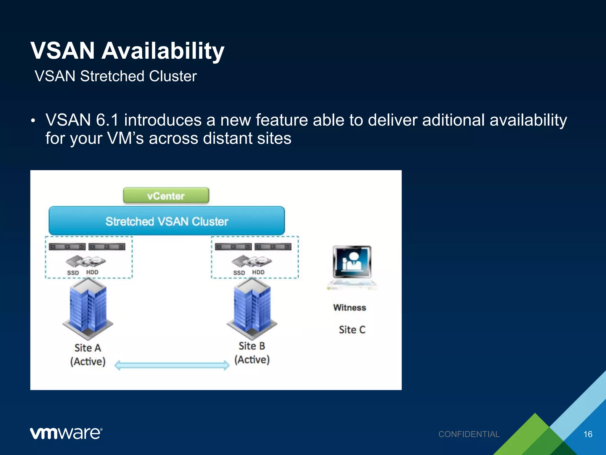 VSAN Availability
• VSAN 6.1 introduces a new feature able to deliver aditional availability
for your VM’s across distant sites
VSAN Stretched Cluster
16CONFIDENTIAL
 