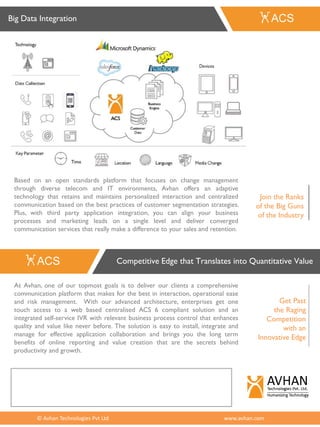 Based on an open standards platform that focuses on change management
through diverse telecom and IT environments, Avhan offers an adaptive
technology that retains and maintains personalized interaction and centralized
communication based on the best practices of customer segmentation strategies.
Plus, with third party application integration, you can align your business
processes and marketing leads on a single level and deliver converged
communication services that really make a difference to your sales and retention.
Join the Ranks
of the Big Guns
of the Industry
At Avhan, one of our topmost goals is to deliver our clients a comprehensive
communication platform that makes for the best in interaction, operational ease
and risk management. With our advanced architecture, enterprises get one
touch access to a web based centralised ACS 6 compliant solution and an
integrated self-service IVR with relevant business process control that enhances
quality and value like never before. The solution is easy to install, integrate and
manage for effective application collaboration and brings you the long term
benefits of online reporting and value creation that are the secrets behind
productivity and growth.
Get Past
the Raging
Competition
with an
Innovative Edge
© Avhan Technologies Pvt Ltd www.avhan.com
Big Data Integration
Competitive Edge that Translates into Quantitative Value
 