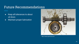 Future Recommendations
● Keep all tolerances to about
±0.5mm
● Maintain proper lubrication
24
http://www.sprint-uk.com/
 