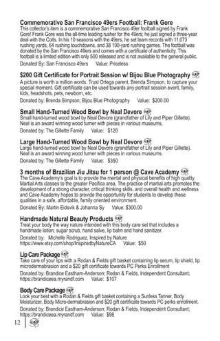 Commemorative San Francisco 49ers Football: Frank Gore
This collector’s item is a commemorative San Francisco 49er football signed by Frank
Gore! Frank Gore was the all-time leading rusher for the 49ers; he just signed a three-year
deal with the Colts. In his 10 seasons with the 49ers, he set team records with 11,073
rushing yards, 64 rushing touchdowns, and 38 100-yard rushing games. The football was
donated by the San Francisco 49ers and comes with a certificate of authenticity. This
football is a limited edition with only 500 released and is not available to the general public.
Donated By: San Francisco 49ers Value: Priceless
$200 Gift Certificate for Portrait Session w/ Bijou Blue Photography
A picture is worth a million words. Trust Ortega parent, Brenda Simpson, to capture your
special moment. Gift certificate can be used towards any portrait session event, family,
kids, headshots, pets, newborn, etc.
Donated by: Brenda Simpson; Bijou Blue Photography Value: $200.00
Small Hand-Turned Wood Bowl by Neal Devore
Small hand-turned wood bowl by Neal Devore (grandfather of Lily and Piper Gillette).
Neal is an award winning wood turner with pieces in various museums.
Donated by: The Gillette Family Value: $120
Large Hand-Turned Wood Bowl by Neal Devore
Large hand-turned wood bowl by Neal Devore (grandfather of Lily and Piper Gillette).
Neal is an award winning wood turner with pieces in various museums.
Donated by: The Gillette Family Value: $350
3 months of Brazilian Jiu Jitsu for 1 person @ Cave Academy
The Cave Academy’s goal is to provide the mental and physical benefits of high quality
Martial Arts classes to the greater Pacifica area. The practice of martial arts promotes the
development of a strong character, critical thinking skills, and overall health and wellness
and Cave Academy hopes to provide the opportunity for students to develop these
qualities in a safe, affordable, family oriented environment.
Donated By: Martin Eidsvik & Johanna Sy Value: $300.00
Handmade Natural Beauty Products
Treat your body the way nature intended with this body care set that includes a
handmade lotion, sugar scrub, hand salve, lip balm and hand sanitizer.
Donated by: Michelle Rodriguez, Inspired by Nature
https://www.etsy.com/shop/InspiredbyNatureCA Value: $50
LipCarePackage
Take care of your lips with a Rodan & Fields gift basket containing lip serum, lip shield, lip
microdermabrasion and a $20 gift certificate towards PC Perks Enrollment
Donated by: Brandice Eastham-Anderson; Rodan & Fields, Independent Consultant;
https://brandiceea.myrandf.com Value: $107
BodyCarePackage
Look your best with a Rodan & Fields gift basket containing a Sunless Tanner, Body
Moisturizer, Body Micro-dermabrasion and $20 gift certificate towards PC perks enrollment.
Donated by: Brandice Eastham-Anderson; Rodan & Fields, Independent Consultant;
https://brandiceea.myrandf.com Value: $98
12
 