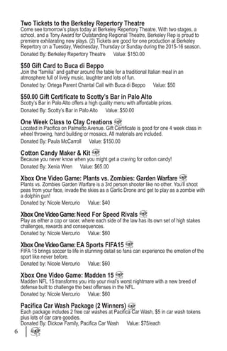 Two Tickets to the Berkeley Repertory Theatre
Come see tomorrow’s plays today at Berkeley Repertory Theatre. With two stages, a
school, and a Tony Award for Outstanding Regional Theatre, Berkeley Rep is proud to
premiere exhilarating new plays. (2) Tickets are good for one production at Berkeley
Repertory on a Tuesday, Wednesday, Thursday or Sunday during the 2015-16 season.
Donated By: Berkeley Repertory Theatre Value: $150.00
$50 Gift Card to Buca di Beppo
Join the “familia” and gather around the table for a traditional Italian meal in an
atmosphere full of lively music, laughter and lots of fun.
Donated by: Ortega Parent Chantal Call with Buca di Beppo Value: $50
$50.00 Gift Certificate to Scotty’s Bar in Palo Alto
Scotty’s Bar in Palo Alto offers a high quality menu with affordable prices.
Donated By: Scotty’s Bar in Palo Alto Value: $50.00
One Week Class to Clay Creations
Located in Pacifica on Palmetto Avenue. Gift Certificate is good for one 4 week class in
wheel throwing, hand building or mosaics. All materials are included.
Donated By: Paula McCarroll Value: $150.00
Cotton Candy Maker & Kit
Because you never know when you might get a craving for cotton candy!
Donated By: Xenia Wren Value: $65.00
Xbox One Video Game: Plants vs. Zombies: Garden Warfare
Plants vs. Zombies Garden Warfare is a 3rd person shooter like no other. You’ll shoot
peas from your face, invade the skies as a Garlic Drone and get to play as a zombie with
a dolphin gun!
Donated by: Nicole Mercurio Value: $40
XboxOneVideoGame:Need For Speed Rivals
Play as either a cop or racer, where each side of the law has its own set of high stakes
challenges, rewards and consequences.
Donated by: Nicole Mercurio Value: $60
XboxOneVideoGame:EA Sports FIFA15
FIFA 15 brings soccer to life in stunning detail so fans can experience the emotion of the
sport like never before.
Donated by: Nicole Mercurio Value: $60
Xbox One Video Game: Madden 15
Madden NFL 15 transforms you into your rival’s worst nightmare with a new breed of
defense built to challenge the best offenses in the NFL.
Donated by: Nicole Mercurio Value: $60
Pacifica Car Wash Package (2 Winners)
Each package includes 2 free car washes at Pacifica Car Wash, $5 in car wash tokens
plus lots of car care goodies.
Donated By: Dickow Family, Pacifica Car Wash Value: $75/each
6
 