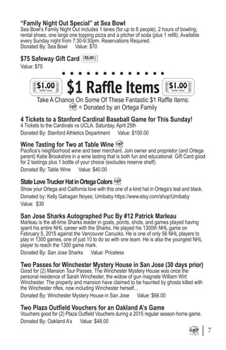 “Family Night Out Special” at Sea Bowl
Sea Bowl’s Family Night Out includes 1 lanes (for up to 6 people), 2 hours of bowling,
rental shoes, one large one topping pizza and a pitcher of soda (plus 1 refill). Available
every Sunday night from 7:30-9:30pm. Reservations Required.
Donated By: Sea Bowl Value: $70
$75 Safeway Gift Card
Value: $75
$1 Raffle Items
Take A Chance On Some Of These Fantastic $1 Raffle Items:
= Donated by an Ortega Family
4 Tickets to a Stanford Cardinal Baseball Game for This Sunday!
4 Tickets to the Cardinals vs UCLA. Saturday, April 25th
Donated By: Stanford Athletics Department Value: $100.00
Wine Tasting for Two at Table Wine
Pacifica’s neighborhood wine and beer merchant. Join owner and proprietor (and Ortega
parent) Katie Brookshire in a wine tasting that is both fun and educational. Gift Card good
for 2 tastings plus 1 bottle of your choice (excludes reserve shelf).
Donated By: Table Wine Value: $40.00
StateLoveTruckerHatinOrtegaColors
Show your Ortega and California love with this one of a kind hat in Ortega’s teal and black.
Donated by: Kelly Gahagan Noyes; Umibaby https://www.etsy.com/shop/Umibaby
Value: $30
San Jose Sharks Autographed Puc By #12 Patrick Marleau
Marleau is the all-time Sharks leader in goals, points, shots, and games played having
spent his entire NHL career with the Sharks. He played his 1300th NHL game on
February 5, 2015 against the Vancouver Canucks. He is one of only 56 NHL players to
play in 1300 games, one of just 10 to do so with one team. He is also the youngest NHL
player to reach the 1300 game mark.
Donated By: San Jose Sharks Value: Priceless
Two Passes for Winchester Mystery House in San Jose (30 days prior)
Good for (2) Mansion Tour Passes. The Winchester Mystery House was once the
personal residence of Sarah Winchester, the widow of gun magnate William Wirt
Winchester. The property and mansion have claimed to be haunted by ghosts killed with
the Winchester rifles, now including Winchester herself...
Donated By: Winchester Mystery House in San Jose Value: $66.00
Two Plaza Outfield Vouchers for an Oakland A’s Game
Vouchers good for (2) Plaza Outfield Vouchers during a 2015 regular season home game.
Donated By: Oakland A’s Value: $48.00
7
 