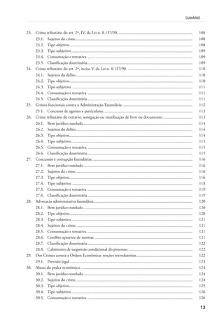 13
SUMÁRIO
23. Crime tributário do art. 2º, IV, da Lei n. 8.137/90........................................................................ 108
23.1. Sujeitos do crime................................................................................................................ 108
23.2. Tipo objetivo...................................................................................................................... 108
23.3. Tipo subjetivo.................................................................................................................... 109
23.4. Consumação e tentativa. .................................................................................................... 109
23.5. Classificação doutrinária..................................................................................................... 109
24. Crime tributário do art. 2º, inciso V, da Lei n. 8.137/90. .............................................................. 110
24.1. Sujeitos do delito................................................................................................................ 110
24.2. Tipo objetivo...................................................................................................................... 110
24.3. Tipo subjetivo.................................................................................................................... 111
24.4. Consumação e tentativa. .................................................................................................... 111
24.5. Classificação doutrinária..................................................................................................... 111
25. Crimes funcionais contra a Administração Fazendária. .................................................................. 112
25.1. Concurso de agentes e particulares. .................................................................................... 113
26. Crime tributário de extravio, sonegação ou inutilização de livro ou documento............................. 113
26.1. Bem jurídico tutelado......................................................................................................... 114
26.2. Sujeitos do delito................................................................................................................ 114
26.3. Tipo objetivo...................................................................................................................... 114
26.4. Tipo subjetivo.................................................................................................................... 115
26.5. Consumação e tentativa. .................................................................................................... 115
26.6. Classificação doutrinária..................................................................................................... 115
27. Concussão e corrupção fazendárias. ............................................................................................... 116
27.1. Bem jurídico tutelado......................................................................................................... 116
27.2. Sujeitos do crime................................................................................................................ 116
27.3. Tipo objetivo...................................................................................................................... 116
27.4. Tipo subjetivo.................................................................................................................... 118
27.5. Consumação e tentativa. .................................................................................................... 119
27.6. Classificação doutrinária..................................................................................................... 119
28. Advocacia administrativa fazendária............................................................................................... 120
28.1. Bem jurídico tutelado......................................................................................................... 120
28.2. Tipo objetivo...................................................................................................................... 120
28.3. Tipo subjetivo.................................................................................................................... 121
28.4. Sujeitos do crime................................................................................................................ 121
28.5. Consumação e tentativa. .................................................................................................... 121
28.6. Conflito aparente de normas. ............................................................................................. 121
28.7. Classificação doutrinária..................................................................................................... 122
28.8. Cabimento de suspensão condicional do processo. ............................................................. 122
29. Dos Crimes contra a Ordem Econômica: noções introdutórias...................................................... 122
29.1. Previsão legal...................................................................................................................... 123
30. Abuso do poder econômico. .......................................................................................................... 124
30.1. Bem jurídico tutelado......................................................................................................... 124
30.2. Sujeitos do crime................................................................................................................ 124
30.3. Tipo objetivo...................................................................................................................... 125
30.4. Tipo subjetivo.................................................................................................................... 126
30.5. Consumação e tentativa. .................................................................................................... 126
 