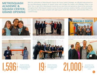 9
METROSQUASH
ACADEMIC &
SQUASH CENTER:
GRAND OPENING
With the culmination of MetroSquash’s Secure the Future Capital Campaign, we officially broke ground on
the new MetroSquash Academic & Squash Center with Chicago City Leaders and JPMorgan Chase in July
2014. Then, in April 2015, MetroSquash moved into our new home and opened our doors to the community.
Throughout April, MetroSquash hosted an array of events to welcome students, families, community leaders,
and supporters into the space complete with eight squash courts, four classrooms, administrative offices, and
a parent lounge.
1,596 Number of opening
month participants that
visited MetroSquash in
April and May
19 Number of opening
month events hosted
at the MetroSquash
Center
21,000 Square feet of mix-
use space in the new
Academic and Squash
Center
Above: Charissa Armon, Kareemah Bates and Clare Muñana pose in front
of the Blue Foundation court. Below: Board member Bill Wardrop and his
wife Tina cut the ribbon on the Wardrop Family Court.
Above: The Chicago Jesters gather to cut the ribbon on The Jesters Court at the
Grand Opening. Below: MetroSquash Board Members, students, and staff cut
the ribbon to the Center with Mayor Emanuel, Alderman Cochran, Congressman
Rush and POAH’s Roger Brown.
Above: The Grissom Family at the entrance to the Madison Dearborn
Partners Academic Center. Below: Debbie Kleban from Applegate &
Thorne-Thomson, P.C. with Board Member Jackie Moss and her husband
Sean Ballard.
 