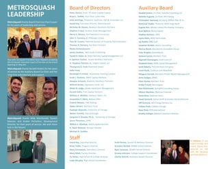 METROSQUASH
LEADERSHIP
MetroSquash thanks Kendell Anders for her years
of service as the Auxiliary Board Co-Chair and her
long-time volunteerism and support.
MetroSquash thanks Board Chairman Paul Cussen
for his years of leadership and service.
Paul with US Squash President Kevin Klipstein accepting
the US Squash Volunteer Coach of the Year at the Grand
Opening on May 6th.
MetroSquash thanks Mike MacDonald, Squash
Director, and Amber Pichiotino, Development
Director, for their years of service. We wish them
luck in the future!
Peter Dunne, Chair, Tri-State Capital Capital
Brian L. Sedlak, Vice-Chair, Jones Day
John Jennings, Treasurer, Kaufman, Hall & Associates LLC
David Kay, Executive Director, MetroSquash
Nicholas W. Alexos, Madison Dearborn Partners
Stephen P. Ban, Nuveen Asset Management
Henry S. Bienen, Northwestern University
John C. Connery, II, JPMorgan Chase
Paul M. Cussen, National Bureau of Property Administration
Thomas R. Demery, Fox River Partners
Neeta Demeulenaere
James Dodson, Akili Audio Publishing
Daniel D. Dolan, Jr., Dolan McEniry Capital Management LLC
P. Spencer Fischer, Brown Brothers Harriman
G. Stephen Fletcher, Jr., Inlight Capital, LLC
Thompson D. Ford, Raymond James
Sally Frese
Randolph P. Frieser, Revolution Training Centers
Scott J. Graham, BMO Capital Markets
Douglas Grissom, Madison Dearborn Partners
Willard Hunter, Signature Cards, LLC
Wade W. Judge, LaSalle Investment Management
Russell Kohn, Fine Capital Partners
William A. McAfee, Abelson-Taylor, Inc.
Jacqueline E. Moss, William Blair
Fredrik Nielsen, FDK Trading
Abdur Nimeri, Northern Trust
Rudolph Nimocks, University of Chicago
Walter Schmid, Idea Arbitrage
Sangram S. Sisodia, Ph.D., University of Chicago
Jevon Thoresen, ESPN
William S. Wardrop, Steere Capital Partners
D. Reed Webster, Morgan Stanley
Michael B. Zeddies
David Kay, Executive Director
Brian Tuttle, Program Director
Mary Emmanuel, Operations Director
Mary Sillah, Facility Director
Ty Parker, High School & College Director
Leigh Murphy, High School Coordinator
Kendell Anders, Co-Chair, Deloitte Consulting LLP
Nicholas Eugenio, Co-Chair, WH Trading
Christopher Sweeney, Secretary, William Blair & Co.
Desmond Vindici, Treasurer, Wells Fargo Bank
Eugene Kim, Mentor Liaison,The Boeing Company
Sean Ballard, Akuna Capital
Stephen Bartram, CBRE
Jayme Betts, BMO Harris Bank
Jay Beidler, CFA, ICAP
Jonathan Bordoli, Hitachi Consulting
Marcus Bosch, Boschwerks Innovation Group
Euler Bropleh,VestedWorld
Sanford Carton, Northern Trust
Reginald Champagne, Locke Lord LLP
Elizabeth Dolan, RMB Capital Management
Scott Gidwitz, The John Buck Company
Loren Guzik, Cushman and Wakefield
Margaux Harrold, Bernstein Private Wealth Management
Anne Hodges, KPMG
Peter Hunter, Northern Trust
Emilie P. Kraft, Morningstar
Nick Malinowski, Springhill Consulting Group
Allyson Martinez, Mesirow Financial
David Moe, Goldman Sachs
David Osmond, Adrian Smith & Gordon Gill Architecture
Jeff Osmond, AEO Energy Partners Inc.
Colleen Pratt, A Better Chicago
Beau River, RHR International
Bradley Zelinger, Madison Dearborn Partners
Board of Directors Auxiliary Board
Staff
Scott Denne, Squash & Wellness Director
Brandon McNab, Middle School Director
Ryan Jameson, Middle School Director
Dreana Johnson, College Support Coordinator
Charlie Merrill, Assistant Squash Director
In memory of our
board member and
friend, Dayna Kirk,
pictured on left
with Bill Wardrop
and Clare Muñana.
 