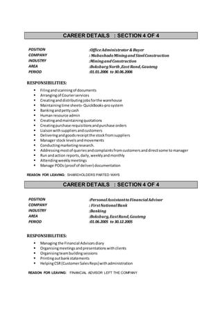 CAREER DETAILS : SECTION 4 OF 4
POSITION :OfficeAdministrator & Buyer
COMPANY : MabashadoMiningand SteelConstruction
INDUSTRY :Miningand Construction
AREA :BoksburgNorth ,East Rand,Gauteng
PERIOD :01.01.2006 to 30.06.2006
RESPONSIBILITIES:
 Filingandscanningof documents
 Arrangingof Courierservices
 Creatinganddistributingjobsforthe warehouse
 Maintainingtime sheets- QuickBooks-prosystem
 Bankingandpettycash
 Human resource admin
 Creatingandmaintainingquotations
 Creatingpurchase requisitionsandpurchase orders
 Liaisonwithsuppliersandcustomers
 Deliveringandgoodsreceiptthe stockfromsuppliers
 Manager stock levelsandmovements
 Conductingmarketingresearch.
 Addressingmostof queriesandcomplaintsfromcustomers anddirectsome to manager
 Run andaction reports,daily,weeklyandmonthly
 Attendingweeklymeetings
 Manage PODs(proof of deliver) documentation
REASON FOR LEAVING: SHAREHOLDERS PARTED WAYS
CAREER DETAILS : SECTION 4 OF 4
POSITION :PersonalAssistanttoFinancialAdvisor
COMPANY : FirstNationalBank
INDUSTRY :Banking
AREA :Boksburg,EastRand,Gauteng
PERIOD :01.06.2005 to 30.12.2005
RESPONSIBILITIES:
 Managing the Financial Advisorsdiary
 Organisingmeetingsandpresentationswithclients
 Organisingteambuildingsessions
 Printingoutbankstatements
 HelpingCSR(CustomerSalesReps)withadministration
REASON FOR LEAVING: FINANCIAL ADVISOR LEFT THE COMPANY
 