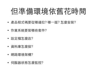 但準備環境依舊花時間
• 產品程式碼要從哪邊拉? 哪⼀一版? 怎麼安裝?
• 作業系統要裝哪些套件?
• 設定檔怎麼改?
• 資料庫怎麼接?
• 網路環境架構?
• 伺服器狀態怎麼監控?
 