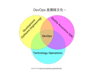 picture from https://en.wikipedia.org/wiki/DevOps
DevOps 是團隊⽂文化。
 