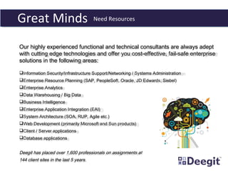 Our highly experienced functional and technical consultants are always adept
with cutting edge technologies and offer you cost-effective, fail-safe enterprise
solutions in the following areas:
Information Security/Infrastructure Support/Networking / Systems Administration
Enterprise Resource Planning (SAP, PeopleSoft, Oracle, JD Edwards, Siebel)
Enterprise Analytics
Data Warehousing / Big Data
Business Intelligence
Enterprise Application Integration (EAI)
System Architecture (SOA, RUP, Agile etc.)
Web Development (primarily Microsoft and Sun products)
Client / Server applications
Database applications
Deegit has placed over 1,600 professionals on assignments at
144 client sites in the last 5 years.
Great Minds Need Resources
 