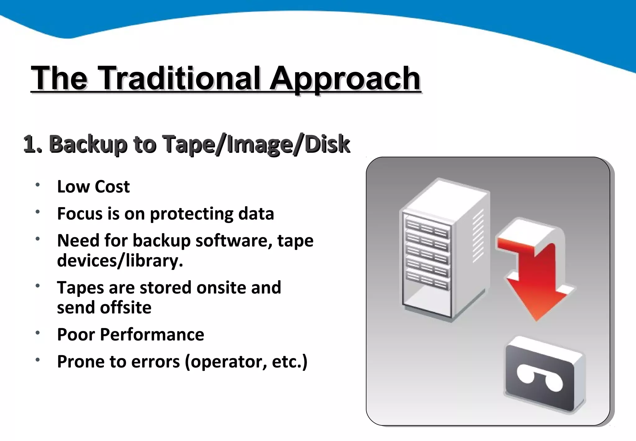 The Traditional ApproachThe Traditional Approach
• Low Cost
• Focus is on protecting data
• Need for backup software, tape
devices/library.
• Tapes are stored onsite and
send offsite
• Poor Performance
• Prone to errors (operator, etc.)
1. Backup to Tape/Image/Disk1. Backup to Tape/Image/Disk
 