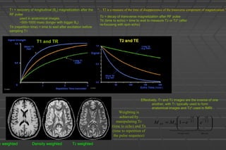 Weighting is
achieved by
manipulating TE
(time to echo) and TR
(time to repetition of
the pulse sequence)
1 weighted Density weighted T2 weighted
T1 = recovery of longitudinal (B0) magnetization after the
RF pulse
used in anatomical images
~500-1000 msec (longer with bigger B0)
TR (repetition time) = time to wait after excitation before
sampling T1
T2 = decay of transverse magnetization after RF pulse
TE (time to echo) = time to wait to measure T2 or T2* (after
re-focusing with spin echo)
T1 and TR
Effectively, T1 and T2 images are the inverse of one
another, with T1 typically used to form
anatomical images and T2* used in fMRI

decay
T
TE
eryre
T
TR
XY eeMM 















−=
−−
2
cov
1
0 1
““... T2 is a measure of the time of disappearance of the transverse component of magnetization.”... T2 is a measure of the time of disappearance of the transverse component of magnetization.”
 