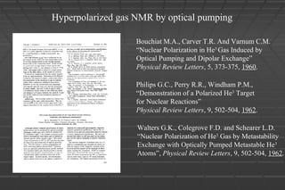 Hyperpolarized gas NMR by optical pumping
Philips G.C., Perry R.R., Windham P.M.,
“Demonstration of a Polarized He3
Target
for Nuclear Reactions”
Physical Review Letters, 9, 502-504, 1962.
Bouchiat M.A., Carver T.R. And Varnum C.M.
“Nuclear Polarization in He3
Gas Induced by
Optical Pumping and Dipolar Exchange”
Physical Review Letters, 5, 373-375, 1960.
Walters G.K., Colegrove F.D. and Schearer L.D.
“Nuclear Polarization of He3
Gas by Metastability
Exchange with Optically Pumped Metastable He3
Atoms”, Physical Review Letters, 9, 502-504, 1962.
 