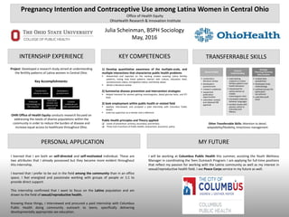 Pregnancy Intention and Contraceptive Use among Latina Women in Central Ohio
Office of Health Equity
OhioHealth Research & Innovation Institute
Julia Scheinman, BSPH Sociology
May, 2016
INTERNSHIP EXPERIENCE
PERSONAL APPLICATION
Project: Developed a research study aimed at understanding
the fertility patterns of Latina women in Central Ohio.
Key Accomplishments:
OHRI Office of Health Equity conducts research focused on
addressing the needs of diverse populations within the
community in order to reduce the burden of disease and
increase equal access to healthcare throughout Ohio.
1) Develop quantitative awareness of the multiple-scale, and
multiple interactions that characterize public health problems
 Researched and reported on the existing studies covering Latina fertility
patterns, noting how these patterns interact with culture, education level,
socioeconomic status, immigration status, and family values
 Wrote a literature review
2) Summarize disease prevention and intervention strategies
 Helped interpret for women getting mammograms, blood glucose tests, and STI
tests
3) Seek employment within public health or related field
 Applied, interviewed, and accepted a paid internship with Columbus Public
Health
 Used my supervisor as a mentor and a reference
Public Health principles and Theory applied:
 Levels of prevention: primary, secondary, and tertiary
 Three Core Functions of Public Health: assessment, assurance, policy
I learned that I am both an self-directed and self-motivated individual. These are
two attributes that I already possessed but they became more evident throughout
this internship.
I learned that I prefer to be out in the field among the community than in an office
space. I feel energized and passionate working with groups of people or 1:1 to
provide direct support.
This internship confirmed that I want to focus on the Latino population and am
drawn to the field of sexual/reproductive health.
Knowing these things, I interviewed and procured a paid internship with Columbus
Public Health doing community outreach to teens, specifically delivering
developmentally appropriate sex education.
I will be working at Columbus Public Health this summer, assisting the Youth Wellness
Manager in coordinating the Teen Outreach Program. I am applying for full-time positions
that reflect my passion for working with the Latino community as well as my interest in
sexual/reproductive health field. I see Peace Corps service in my future as well.
TRANSFERRABLE SKILLSKEY COMPETENCIES
MY FUTURE
Conducted a
literature review
Developed a
questionnaire
Produced
methodology for
IRB proposal
Submitted,
revised, and
obtained IRB
approval
Created
codebook and
data spreadsheet
Research Skills
• conducted a
literature review
• developed a
questionnaire
• created a codebook
• researched
publication
opportunities
• submitted, revised,
and obtained IRB
approval
Cultural
Understanding
• read existing
material on Latina
fertiltiy patterns and
health behaviors
• interpreted for
Latina women at
mobile
mammogram clinic
• translated materials
between languages
• worked closely with
women native to
Columbia and
Mexico
Strategic
Planning/Visioning
Data Analysis
• created data
spreadsheet
• developed study
methodology
• outlined process for
participant
recruitment
• used Microsoft
Excel
Other Transferrable Skills: Attention to detail,
adaptability/flexibility, time/stress management
 