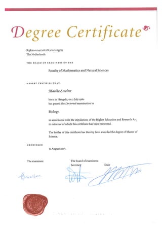Certificate degree MSc Biology