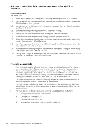 80 Level 2 NVQ Certificate in Customer Service (4430-02)
Outcome 3: Understand how to deliver customer service to difficult
customers
Assessment Criteria
The learner can:
3.1 describe the types of customer behaviour that they personally find difficult to deal with
3.2 identify reasons why some aspect of their organisation’s services or products may provoke
difficult behaviour from customers
3.3 identify reasons why their customer’s own actions may cause them to behave in a way that
is difficult to deal with
3.4 explain the meaning of having empathy for a customer’s feelings
3.5 identify who can be asked for help when dealing with a difficult customer
3.6 explain the difference between assertive, aggressive and passive behaviour
3.7 describe the importance of not simply quoting their organisation’s rules and procedures to
counter their customer’s difficult behaviour
3.8 state their organisation’s limits of what will be tolerated from difficult customers before the
transaction or relationship is closed
3.9 explain the importance of giving their manager or the appropriate colleagues notice of any
further approaches from a difficult customer
3.10 identify when it might be necessary to take action to protect their own safety or that of other
customers or colleagues from a difficult customer
Evidence requirements
1 Your evidence should be collected when carrying out a real job, whether paid or voluntary,
and when dealing with real customers, whether internal or external to the organisation.
However, for this Unit, evidence collected in a realistic working environment or a work
placement is permissible. Simulation is not allowed for any performance evidence within
this Unit. (Guidelines for a Realistic Working Environment can be found in the Assessment
Strategy for Customer Service S/NVQs at Levels 1,2,3 and 4 – February 2010)
2 You may collect the evidence for the Unit through work in a private sector organisation, a
not-for-profit organisation or a public services organisation.
3 You must provide evidence that shows you have done this over a sufficient period of time
with different customers on different occasions for your assessor to be confident that you
are competent.
5 You must provide evidence of delivering customer service to difficult customers:
a during routine delivery of customer service
b during a busy time in your job
c during a quiet time in your job
d when people, systems or resources have let you down.
 