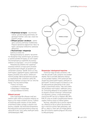 controlling tema broja
31 april 2015.
• Orijentacija na kupca - razumevanje
tražnje i ponuda širokog asortimana, od-
govarajući kvalitet i cene, kao i visok nivo
pratećih usluga.
• Efikasni procesi i strukture - uteme-
ljeno u procesu planiranja i budžetiranja.
Potpuna operativna odgovornost, fokus na
kupce, upravljanje troškovima i podizanje
efikasnosti.
• Pozicioniranje i ekspanzija.
Suština je ostala ista.
Razlog postojanja se, naravno, nije prome-
nio. Kompanije imaju različite kupce, pa namiru-
ju različite potrebe tih kupaca, ali svim (uspeš-
nim) kompanijama je zajedničko da stvaraju
vrednost za svog kupca - a to je srž strategija.
Pokazatelj koji direktno meri uspešnost
stvaranja vrednosti za kupca jeste prosečan
broj poseta kupca (ukupan, po grupama, po
vremenskim zonama). Takođe, koristi se i broj
novih kupaca, izgubljenih kupaca, reaktiviranih
kupaca, prosečan iznos računa i učešće pro-
motivne prodaje. Merila kompletnosti ponude
su raspoloživost (%) i izloženost zaliha (%).
Stvaranje vrednosti za kupca meri se i time šta
kupuje i kroz koji kanal prodaje:
• hrana ili ne-hrana
• u prodavnici ili dostava
• veleprodaja ili maloprodaja
• uticaj prodavaca na terenu.
Efikasni procesi
Uvek može bolje! Biti efikasan znači kon-
stantno tražiti načine za stvaranje vrednosti za
kupca uz što manje utrošenih resursa. Troškovi
se analiziraju preko varijansi i/ili kao učešće
vrste/mesta troška u prodaji ili ukupnim troš-
kovima, a takođe i kao količinska komponenta.
Na kratkoročnim pozicijama bilansa stanja naj-
važniji KPI će biti: iznos zaliha, koeficijent obrta
zaliha/dobavljača, NWC.
Ekspanzija i dostupnost kupcima
Investicije mogu da budu usmerene u tek
mali deo ponude ili pak u potpuno novi prodajni
objekat. Kad se pronađe adekvatna lokacija
za novi prodajni objekat, tržišni potencijal (kao
ukupan broj potencijalnih kupaca, očekivano re-
gistrovanih i struktura kupaca na lokaciji) uz sve
do sada pomenute pokazatelje će biti ulazni
podaci za benchmark analizu. Tako ćemo defini-
sati ponašanje novih kupaca i adekvatnu ponu-
du. Controlling odeljenje će ove podatke suočiti
sa ukupnim iznosom investicije i sinhronizovati
sve uključene u proces, a onda prezentovati
investicione KPI, kao što su Payback, IRR, NPV,
EVA, PI, a koji se izvode iz projektovanih bilansa
uspeha i bilansa stanja za trideset godina.
Na kraju, zaključak je da su procesi napred-
niji i efikasniji ali da se suština nije promenila,
kao ni merila te suštine. Naši pokazatelji, naši
KPI su i dalje tu i živeli nam još mnogo godina!
Bez njih ne bismo uspešno pregurali više od po-
la veka postojanja.
 