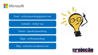 Email - arthurjosemberg@gmail.com
Linkedin – Arthur Luz
Twitter - @arthurjosemberg
Skype - arthurjosemberg
Blog – arthurluz.wordpress.com
 