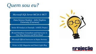 Quem sou eu?
Senior BI Analyst at Datainfo / ANEEL Project
BI and Database Consultant and Instructor in
One Way Solution and BI do Brasil
Writer in SQL Magazine and Data’s Light Blog
Data Science Student – John Hopkins
University [Coursera]
Microsoft Official Instructor at Hepta Novintec
Microsoft SQL Server MCSA & MCT
 
