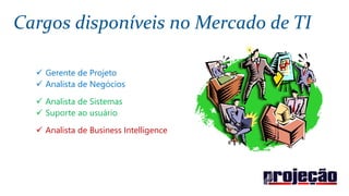 Cargos disponíveis no Mercado de TI
 Gerente de Projeto
 Analista de Negócios
 Analista de Sistemas
 Suporte ao usuário
 Analista de Business Intelligence
 