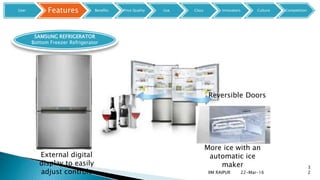 22-Mar-16IIM RAIPUR
3
2
Reversible Doors
More ice with an
automatic ice
maker
SAMSUNG REFRIGERATOR
Bottom Freezer Refrigerator
External digital
display to easily
adjust controls
User Features Benefits Price Quality Use Class Innovators Culture Competition
 