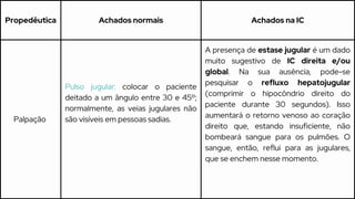 Propedêutica Achados normais Achados na IC
Palpação
Pulso jugular: colocar o paciente
deitado a um ângulo entre 30 e 45º;
normalmente, as veias jugulares não
são visíveis em pessoas sadias.
A presença de estase jugular é um dado
muito sugestivo de IC direita e/ou
global. Na sua ausência, pode-se
pesquisar o refluxo hepatojugular
(comprimir o hipocôndrio direito do
paciente durante 30 segundos). Isso
aumentará o retorno venoso ao coração
direito que, estando insuficiente, não
bombeará sangue para os pulmões. O
sangue, então, reflui para as jugulares,
que se enchem nesse momento.
 
