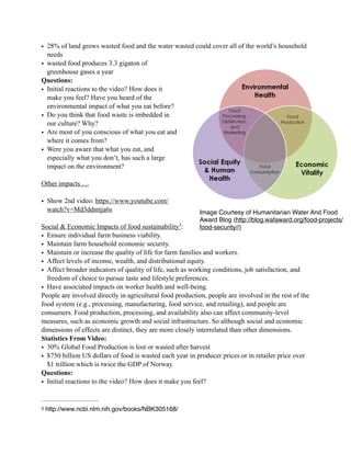 • 28% of land grows wasted food and the water wasted could cover all of the world’s household
needs
• wasted food produces 3.3 gigaton of
greenhouse gases a year
Questions:
• Initial reactions to the video? How does it
make you feel? Have you heard of the
environmental impact of what you eat before?
• Do you think that food waste is imbedded in
our culture? Why?
• Are most of you conscious of what you eat and
where it comes from?
• Were you aware that what you eat, and
especially what you don’t, has such a large
impact on the environment?
Other impacts….
• Show 2nd video: https://www.youtube.com/
watch?v=Md3ddmtja6s
Social & Economic Impacts of food sustainability :3
• Ensure individual farm business viability.
• Maintain farm household economic security.
• Maintain or increase the quality of life for farm families and workers.
• Affect levels of income, wealth, and distributional equity.
• Affect broader indicators of quality of life, such as working conditions, job satisfaction, and
freedom of choice to pursue taste and lifestyle preferences.
• Have associated impacts on worker health and well-being.
People are involved directly in agricultural food production, people are involved in the rest of the
food system (e.g., processing, manufacturing, food service, and retailing), and people are
consumers. Food production, processing, and availability also can affect community-level
measures, such as economic growth and social infrastructure. So although social and economic
dimensions of effects are distinct, they are more closely interrelated than other dimensions.
Statistics From Video:
• 30% Global Food Production is lost or wasted after harvest
• $750 billion US dollars of food is wasted each year in producer prices or in retailer price over
$1 trillion which is twice the GDP of Norway
Questions:
• Initial reactions to the video? How does it make you feel?
http://www.ncbi.nlm.nih.gov/books/NBK305168/3
Image Courtesy of Humanitarian Water And Food
Award Blog (http://blog.wafaward.org/food-projects/
food-security//)
 