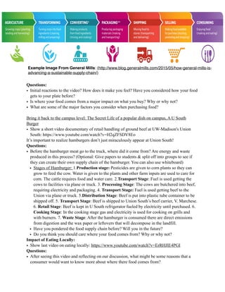 Questions:
• Initial reactions to the video? How does it make you feel? Have you considered how your food
gets to your plate before?
• Is where your food comes from a major impact on what you buy? Why or why not?
• What are some of the major factors you consider when purchasing food?
Bring it back to the campus level: The Secret Life of a popular dish on campus, A U South
Burger
• Show a short video documentary of retail handling of ground beef at UW-Madison's Union
South: https://www.youtube.com/watch?v=H2qZFSDV8Eo
It’s important to realize hamburgers don’t just miraculously appear at Union South!
Questions:
• Before the hamburger meat go to the truck, where did it come from? Are energy and waste
produced in this process? (Optional: Give papers to students & split off into groups to see if
they can create their own supply chain of the hamburger. You can also use whiteboard)
• Stages of Hamburger: 1.Production stage: Pesticides are given to corn plants so they can
grow to feed the cow. Water is given to the plants and other farm inputs are used to care for
corn. The cattle requires food and water care. 2.Transport Stage: Fuel is used getting the
cows to facilities via plane or truck. 3. Processing Stage: The cows are butchered into beef,
requiring electricity and packaging. 4. Transport Stage: Fuel is used getting beef to the
Union via plane or truck. 5.Distribution Stage: Beef is put into plastic tube container to be
shipped off. 5. Transport Stage: Beef is shipped to Union South’s beef carrier, V. Marchese.
6. Retail Stage: Beef is kept in U South refrigerator fueled by electricity until purchased. 6.
Cooking Stage: In the cooking stage gas and electricity is used for cooking on grills and
with burners. 7. Waste Stage: After the hamburger is consumed there are direct emissions
from digestion and the wax paper or leftovers that will decompose in the landfill.
• Have you pondered the food supply chain before? Will you in the future?
• Do you think you should care where your food comes from? Why or why not?
Impact of Eating Locally:
• Show last video on eating locally: https://www.youtube.com/watch?v=ErRHJlE4PGI
Questions:
• After seeing this video and reflecting on our discussion, what might be some reasons that a
consumer would want to know more about where there food comes from?
Example Image From General Mills: (http://www.blog.generalmills.com/2015/05/how-general-mills-is-
advancing-a-sustainable-supply-chain/)
 