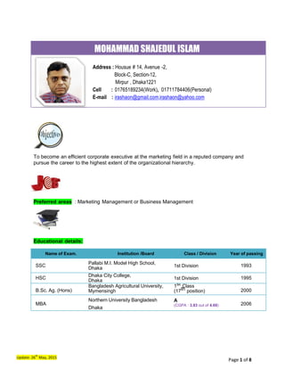 Page 1 of 8Update: 26
th
May, 2015
MOHAMMAD SHAJEDUL ISLAM
Address : Housue # 14, Avenue -2,
Block-C, Section-12,
Mirpur , Dhaka1221
Cell : 01765189234(Work), 01711784406(Personal)
E-mail : irashaon@gmail.com,irashaon@yahoo.com
To become an efficient corporate executive at the marketing field in a reputed company and
pursue the career to the highest extent of the organizational hierarchy.
Preferred areas : Marketing Management or Business Management
Educational details:
Name of Exam. Institution /Board Class / Division Year of passing
SSC
Pallabi M.I. Model High School,
Dhaka 1st Division 1993
HSC
Dhaka City College,
Dhaka 1st Division 1995
B.Sc. Ag. (Hons)
Bangladesh Agricultural University,
Mymensingh
1st Class
(17th position) 2000
MBA
Northern University Bangladesh
Dhaka
A
(CGPA : 3.83 out of 4.00) 2006
Page 1 of 8Update: 26
th
May, 2015
MOHAMMAD SHAJEDUL ISLAM
Address : Housue # 14, Avenue -2,
Block-C, Section-12,
Mirpur , Dhaka1221
Cell : 01765189234(Work), 01711784406(Personal)
E-mail : irashaon@gmail.com,irashaon@yahoo.com
To become an efficient corporate executive at the marketing field in a reputed company and
pursue the career to the highest extent of the organizational hierarchy.
Preferred areas : Marketing Management or Business Management
Educational details:
Name of Exam. Institution /Board Class / Division Year of passing
SSC
Pallabi M.I. Model High School,
Dhaka 1st Division 1993
HSC
Dhaka City College,
Dhaka 1st Division 1995
B.Sc. Ag. (Hons)
Bangladesh Agricultural University,
Mymensingh
1st Class
(17th position) 2000
MBA
Northern University Bangladesh
Dhaka
A
(CGPA : 3.83 out of 4.00) 2006
Page 1 of 8Update: 26
th
May, 2015
MOHAMMAD SHAJEDUL ISLAM
Address : Housue # 14, Avenue -2,
Block-C, Section-12,
Mirpur , Dhaka1221
Cell : 01765189234(Work), 01711784406(Personal)
E-mail : irashaon@gmail.com,irashaon@yahoo.com
To become an efficient corporate executive at the marketing field in a reputed company and
pursue the career to the highest extent of the organizational hierarchy.
Preferred areas : Marketing Management or Business Management
Educational details:
Name of Exam. Institution /Board Class / Division Year of passing
SSC
Pallabi M.I. Model High School,
Dhaka 1st Division 1993
HSC
Dhaka City College,
Dhaka 1st Division 1995
B.Sc. Ag. (Hons)
Bangladesh Agricultural University,
Mymensingh
1st Class
(17th position) 2000
MBA
Northern University Bangladesh
Dhaka
A
(CGPA : 3.83 out of 4.00) 2006
 