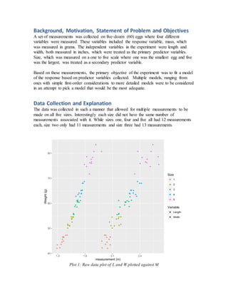 Background, Motivation, Statement of Problem and Objectives
A set of measurements was collected on five-dozen (60) eggs where four different
variables were measured. These variables included the response variable, mass, which
was measured in grams. The independent variables in the experiment were length and
width, both measured in inches, which were treated as the primary predictor variables.
Size, which was measured on a one to five scale where one was the smallest egg and five
was the largest, was treated as a secondary predictor variable.
Based on these measurements, the primary objective of the experiment was to fit a model
of the response based on predictor variables collected. Multiple models, ranging from
ones with simple first-order considerations to more detailed models were to be considered
in an attempt to pick a model that would be the most adequate.
Data Collection and Explanation
The data was collected in such a manner that allowed for multiple measurements to be
made on all five sizes. Interestingly each size did not have the same number of
measurements associated with it. While sizes one, four and five all had 12 measurements
each, size two only had 11 measurements and size three had 13 measurements.
Plot 1: Raw data plot of L and W plotted against M
40
50
60
70
80
1.5 1.8 2.1 2.4
measurement (in)
Weight(g)
Size
1
2
3
4
5
Variable
Length
Width
 