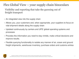 Proprietary and Confidential: This presentation may not be used or disclosed to any person other than employees of customer, unless expressly authorized by UPS.
© 2014 United Parcel Service of America, Inc. UPS, the UPS brandmark, the color brown and photos are trademarks of United Parcel Service of America, Inc. All rights reserved.
Flex Global View – your supply chain binoculars
Visibility and reporting that take the guessing out of
freight transport
• An integrated view into the supply chain
• Allows you, your customers and, when appropriate, your suppliers to focus on
vital shipment details along the supply chain
• Updated continuously by carriers and UPS’ global operating systems and
processes
• Provides the information you need to stay nimble, make critical decisions and
improve results.
• Flexible querying functionality to isolate any manner of air, ocean and ground
freight shipments, warehouse inventory, purchase orders and customs entries
18
 