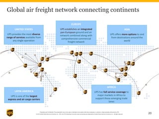 Proprietary and Confidential: This presentation may not be used or disclosed to any person other than employees or customer, unless expressly authorized by UPS.
© 2015 United Parcel Service of America, Inc. UPS, the UPS brandmark, the color brown and photos are trademarks of United Parcel Service of America, Inc. All rights reserved. 20
Global air freight network connecting continents
UNITED STATES
UPS provides the most diverse
range of services available from
any single operation
EUROPE
UPS establishes an integrated
pan-European ground and air
network combined along with
comprehensive commercial
freight network
ASIA
UPS offers more options to and
from destinations around the
world
LATIN AMERICA
UPS is one of the largest
express and air cargo carriers
AFRICA
UPS has full service coverage to
major markets in Africa to
support these emerging trade
lanes
 