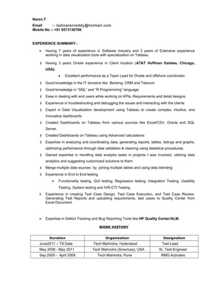 Naren.T
Email :- tadinarenreddy@hotmail.com
Mobile No :- +91 9573136789
EXPERIENCE SUMMARY:-
 Having 7 years of experience in Software industry and 3 years of Extensive experience
working in data visualization tools with specialization on Tableau.
 Having 3 years Onsite experience in Client location (AT&T Hoffman Estates, Chicago,
USA).
• Excellent performance as a Team Lead for Onsite and offshore coordinator.
 Good knowledge in the IT domains like Banking, CRM and Telecom
 Good knowledge in “SQL” and “R Programming” language.
 Ease in dealing with end users while working on KPIs, Requirements and detail designs.
 Experience in troubleshooting and debugging the issues and interacting with the clients
 Expert in Data Visualization development using Tableau to create complex, intuitive, and
innovative dashboards
 Created Dashboards on Tableau from various sources like Excel/CSV, Oracle and SQL
Server.
 Created Dashboards on Tableau using Advanced calculations
 Expertise in analyzing and coordinating data, generating reports, tables, listings and graphs,
optimizing performance through data validation & cleaning using statistical procedures.
 Gained expertise in handling data analysis tasks in projects I was involved, utilizing data
analytics and suggesting customized solutions to them
 Merge multiple data sources by joining multiple tables and using data blending
 Experience in End to End testing
• Functionality testing, GUI testing, Regression testing, Integration Testing, Usability
Testing, System testing and IVR-CTI Testing.
 Experience in creating Test Case Design, Test Case Execution, and Test Case Review,
Generating Test Reports and uploading requirements, test cases to Quality Center from
Excel Document.
 Expertise in Defect Tracking and Bug Reporting Tools like HP Quality Center/ALM.
WORK HISTORY
Duration Organization Designation
June2011 – Till Date Tech Mahindra, Hyderabad Test Lead
May 2008 - May 2011 Tech Mahindra (Americas), USA Sr. Test Engineer
Sep 2005 - April 2008 Tech Mahindra, Pune RMG Activates
 