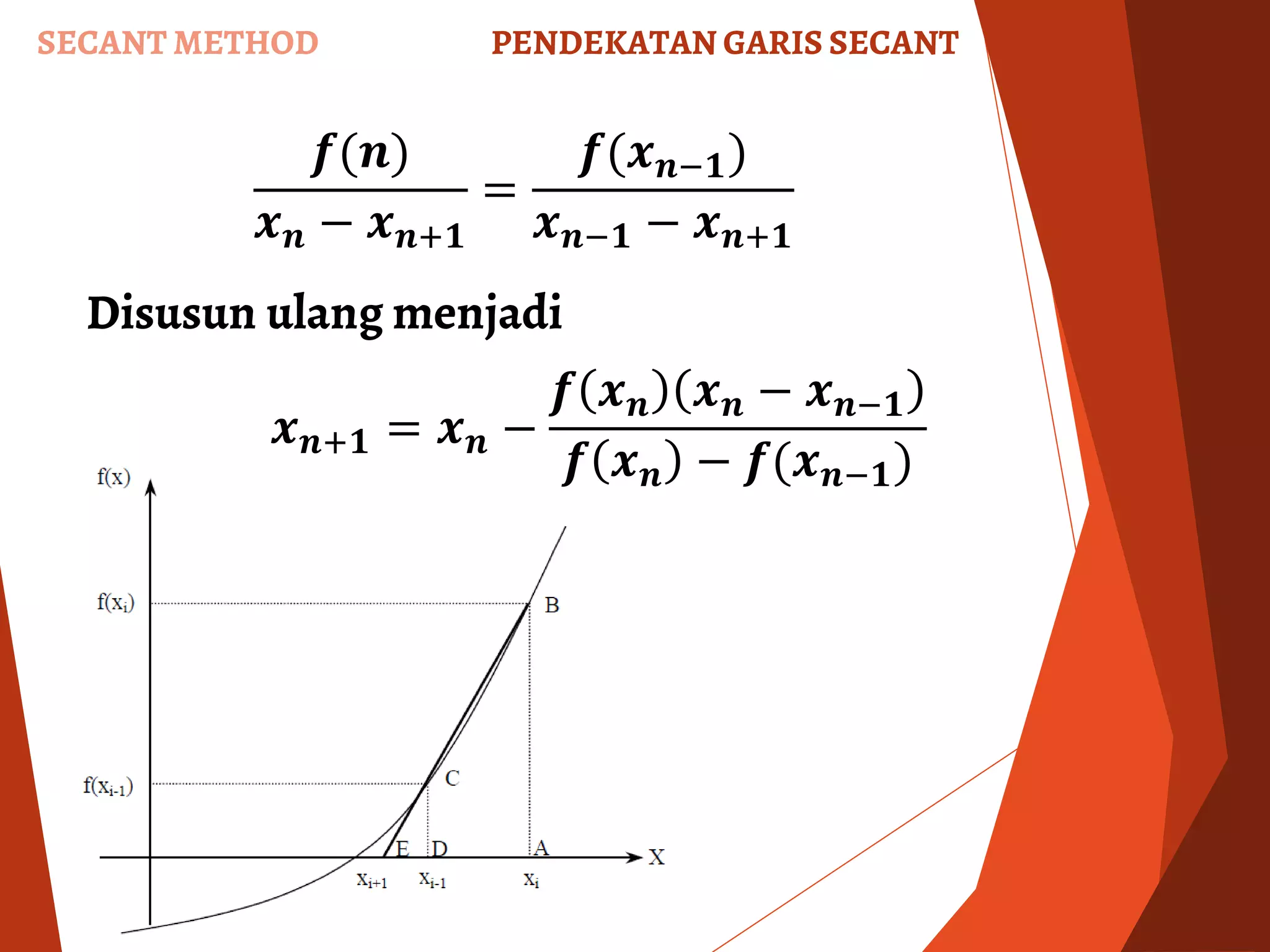 SECANT METHOD
𝒇(𝒏)
𝒙 𝒏 − 𝒙 𝒏+𝟏
=
𝒇(𝒙 𝒏−𝟏)
𝒙 𝒏−𝟏 − 𝒙 𝒏+𝟏
PENDEKATAN GARIS SECANT
Disusun ulang menjadi
𝒙 𝒏+𝟏 = 𝒙 𝒏 −
𝒇 𝒙 𝒏 𝒙 𝒏 − 𝒙 𝒏−𝟏
𝒇 𝒙 𝒏 − 𝒇(𝒙 𝒏−𝟏)
 