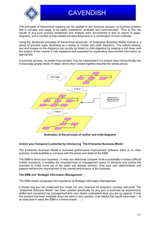 111
CAVENDISH
The principles of hierarchical mapping can be applied to any business process, or business problem
that is complex and needs to be easily understood, analysed and communicated. Prior to this, the
results of any such process breakdown and analysis were documented in text on reams of paper,
diagrams, and a number of inter-related complex flowcharts or a combination of such methods.
Using the developed principles of hierarchical structures, an Enterprise Business Model module is a
series of process maps, illustrated as a series of ‘mother and child’ diagrams. The activity shapes,
text and images on the diagrams can quickly be linked to child diagrams by creating a drill down until
the subject of the module is fully explained and supported by explanatory documented information as
appropriate.
A business process, no matter how complex, may be understood if it is broken down hierarchically into
increasingly greater levels of detail, which when viewed together describe the whole picture.
Illustration of the principle of mother and child diagrams
Unlock your Company's potential by introducing `The Enterprise Business Model`
The Enterprise Business Model is business performance improvement software; there is no other
business model available to compare with the power and detail of the EBM.
The EBM is about your business - to help you effectively compete more successfully in today's difficult
market conditions. It enables the empowerment of management teams to structure and control the
business to make more out of the sales you already achieve. Only your own determination and
passion will limit the improvement to the overall performance of the business.
The EBM and ‘Strategic Information Management’
The EBM clearly recognises the importance of Strategic Information Management.
It shows how you can implement the model into your business for long-term success and profit. The
`Enterprise Business Model` has been created specifically for any size of business by experienced,
skilled and successful top management who very clearly understand what you are up against. If only
this product had been available when we were in your position, how helpful that would have been – to
an executive in need, the EBM is a friend indeed . . . !
CHILD
CHILD
Electronic
Explanatory
Docum ent
MOTHER
 