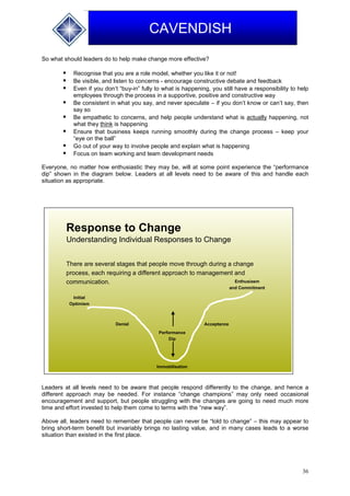 36
CAVENDISH
So what should leaders do to help make change more effective?
 Recognise that you are a role model, whether you like it or not!
 Be visible, and listen to concerns - encourage constructive debate and feedback
 Even if you don’t “buy-in” fully to what is happening, you still have a responsibility to help
employees through the process in a supportive, positive and constructive way
 Be consistent in what you say, and never speculate – if you don’t know or can’t say, then
say so
 Be empathetic to concerns, and help people understand what is actually happening, not
what they think is happening
 Ensure that business keeps running smoothly during the change process – keep your
“eye on the ball”
 Go out of your way to involve people and explain what is happening
 Focus on team working and team development needs
Everyone, no matter how enthusiastic they may be, will at some point experience the “performance
dip” shown in the diagram below. Leaders at all levels need to be aware of this and handle each
situation as appropriate.
Leaders at all levels need to be aware that people respond differently to the change, and hence a
different approach may be needed. For instance “change champions” may only need occasional
encouragement and support, but people struggling with the changes are going to need much more
time and effort invested to help them come to terms with the “new way”.
Above all, leaders need to remember that people can never be “told to change” – this may appear to
bring short-term benefit but invariably brings no lasting value, and in many cases leads to a worse
situation than existed in the first place.
Response to Change
Immobilisation
Initial
Optimism
Enthusiasm
and Commitment
Denial Acceptance
Performance
Dip
There are several stages that people move through during a change
process, each requiring a different approach to management and
communication.
Understanding Individual Responses to Change
 