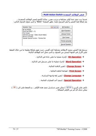 "XP-Builder" Training Course - ©200837/79
‫المتعددة‬ ‫الوظائف‬ ‫عنصر‬Multi-Action Switch:
‫اللجوء‬ ‫يمكننا‬ ،‫معين‬ ‫بترتيب‬ ‫و‬ ‫مختلفة‬ ‫أوامر‬ ‫عدة‬ ‫تنفيذ‬ ‫نريد‬ ‫عندما‬‫المتعددة‬ ‫الوظائف‬ ‫لعنصر‬..
‫تظھر‬ ،‫عليه‬ ‫المزدوج‬ ‫النقر‬ ‫و‬ ‫العنصر‬ ‫ھذا‬ ‫إضافة‬ ‫بعد‬‫الصفحة‬"Basic"‫التالي‬ ‫الجدول‬ ‫تحوي‬ ‫التي‬ ‫و‬:
‫بتنفيذ‬ ‫العنصر‬ ‫ھذا‬ ‫يسمح‬8،‫أقصى‬ ‫كحد‬ ‫مختلفة‬ ‫وظائف‬‫الضغط‬ ‫خالل‬ ‫من‬ ‫ما‬ ‫وظيفة‬ ‫بإضافة‬ ‫نقوم‬ ‫حيث‬
‫تمث‬ ‫التي‬ ‫و‬ ،‫الجدول‬ ‫من‬ ‫اليمنى‬ ‫الجھة‬ ‫في‬ ‫األزرار‬ ‫على‬‫التالية‬ ‫الوظائف‬ ‫أحد‬ ‫ل‬:
Bit Operation:‫الذاكرة‬ ‫في‬ ‫خانة‬ ‫على‬ ‫ما‬ ‫عملية‬ ‫إلجراء‬.
Word Operation:‫الذاكرة‬ ‫في‬ ‫مسجل‬ ‫على‬ ‫ما‬ ‫عملية‬ ‫إلجراء‬.
Change Screen:‫الحالية‬ ‫النافذة‬ ‫لتغيير‬.
Print Screen:‫الحالية‬ ‫النافذة‬ ‫لطباعة‬.
Change Language:‫واجھة‬ ‫لغة‬ ‫لتغيير‬‫الشاشة‬.
Special Operation:‫ل‬‫أحد‬ ‫تنفيذ‬‫ا‬‫لعمليات‬‫الخاصة‬.
‫الزرين‬ ‫على‬ ‫بالنقر‬)(‫األوامر‬ ‫ھذه‬ ‫تنفيذ‬ ‫تسلسل‬ ‫تغيير‬ ‫يمكن‬..‫الزر‬ ‫على‬ ‫بالضغط‬ ‫و‬)(
‫المضافة‬ ‫األوامر‬ ‫من‬ ‫أمر‬ ‫أي‬ ‫حذف‬ ‫يمكن‬.
 