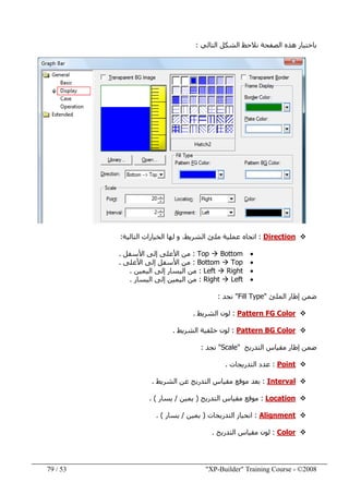 "XP-Builder" Training Course - ©200853/79
‫التالي‬ ‫الشكل‬ ‫نالحظ‬ ‫الصفحة‬ ‫ھذه‬ ‫باختيار‬:
Direction:‫الخيارات‬ ‫لھا‬ ‫و‬ ،‫الشريط‬ ‫ملئ‬ ‫عملية‬ ‫اتجاه‬‫التالية‬:
•Top Bottom:‫األسفل‬ ‫إلى‬ ‫األعلى‬ ‫من‬.
•Bottom Top:‫األعلى‬ ‫إلى‬ ‫األسفل‬ ‫من‬.
•Left Right:‫اليمين‬ ‫إلى‬ ‫اليسار‬ ‫من‬.
•Right Left:‫اليسار‬ ‫إلى‬ ‫اليمين‬ ‫من‬.
‫الملئ‬ ‫إطار‬ ‫ضمن‬"Fill Type"‫نجد‬:
Pattern FG Color:‫الشريط‬ ‫لون‬.
Pattern BG Color:‫لون‬‫الشريط‬ ‫خلفية‬.
‫التدريج‬ ‫مقياس‬ ‫إطار‬ ‫ضمن‬""Scale‫نجد‬:
Point:‫التدريجات‬ ‫عدد‬.
Interval:‫الشريط‬ ‫عن‬ ‫التدريج‬ ‫مقياس‬ ‫موقع‬ ‫بعد‬.
Location:‫التدريج‬ ‫مقياس‬ ‫موقع‬)‫يمين‬/‫يسار‬. (
Alignment:‫التدريجات‬ ‫انحياز‬)‫يمين‬/‫يسار‬. (
Color:‫التدريج‬ ‫مقياس‬ ‫لون‬.
 